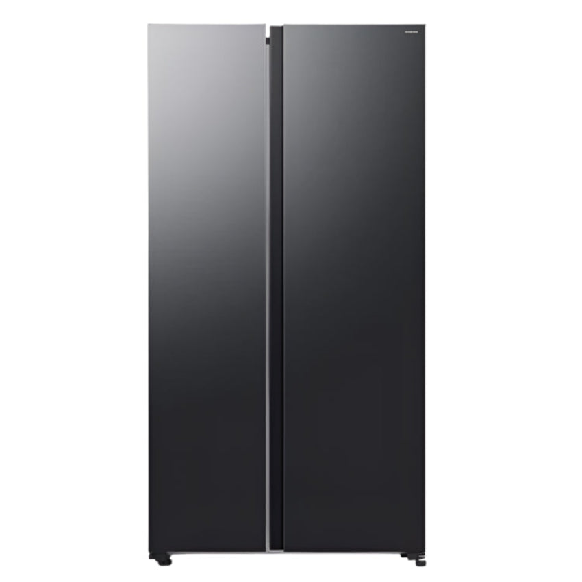 Black side-by-side refrigerator on a white background