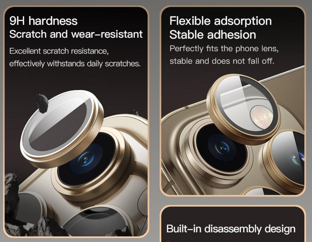 Phone camera lens protector with text on hardness, adsorption, and design.
