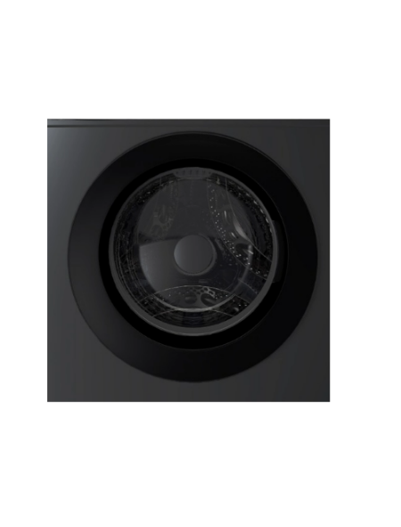 Black square light fixture with a circular design on a white background