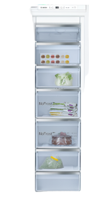 Open refrigerator with various food items in the drawers
