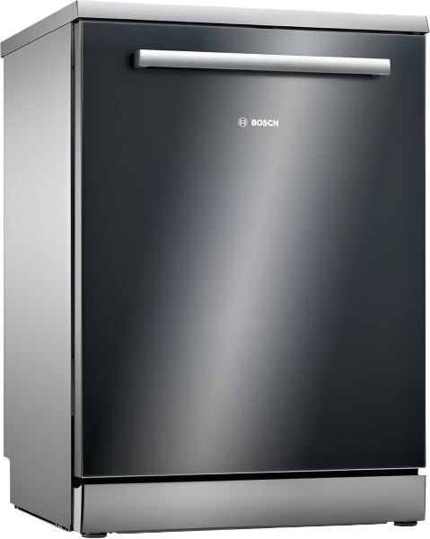 Bosch dishwasher with a metallic finish on a white background