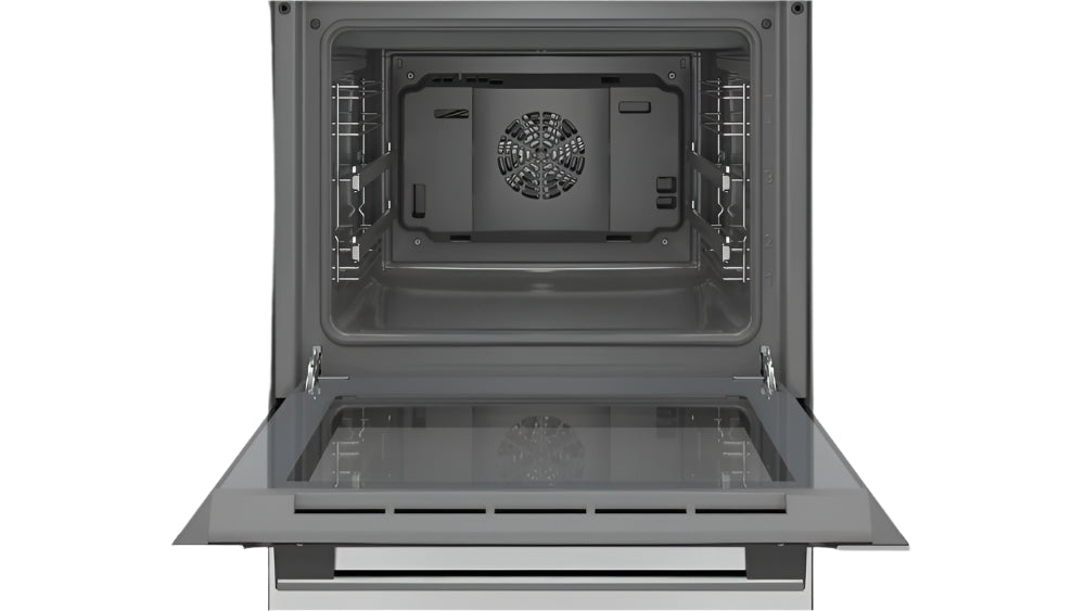 Gray oven with open door on a white background