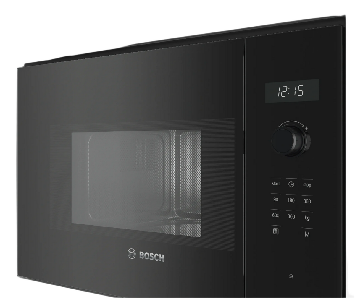 Bosch microwave oven with digital display and control panel on a white background