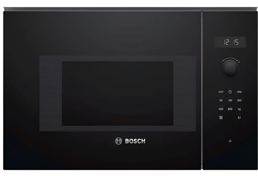 Black Bosch microwave oven with digital display and control panel.