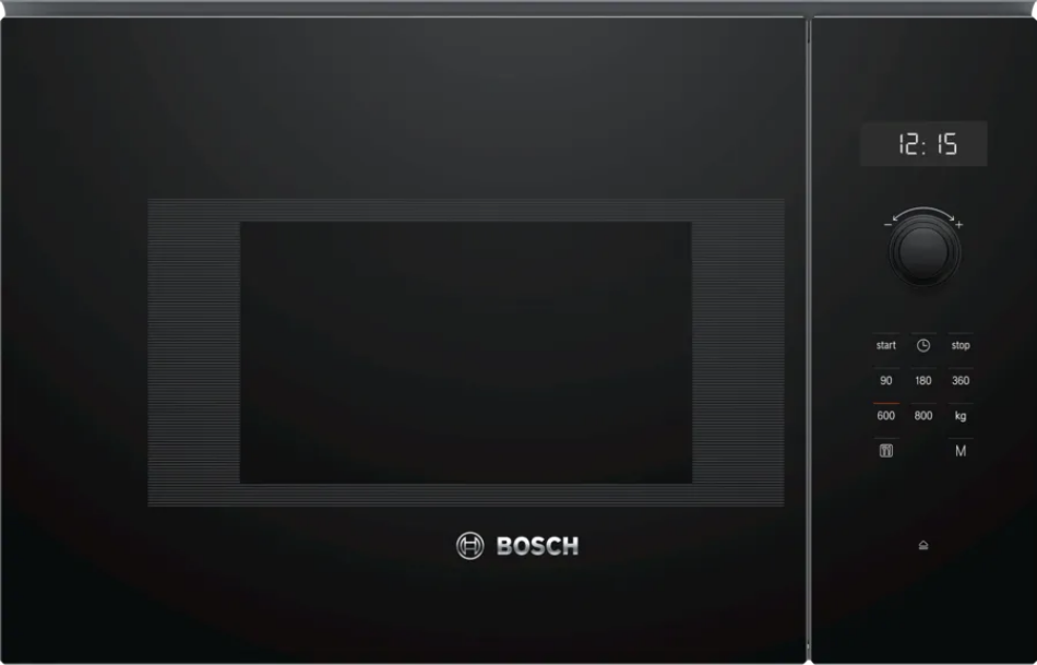 Black Bosch microwave oven with digital display and control panel.