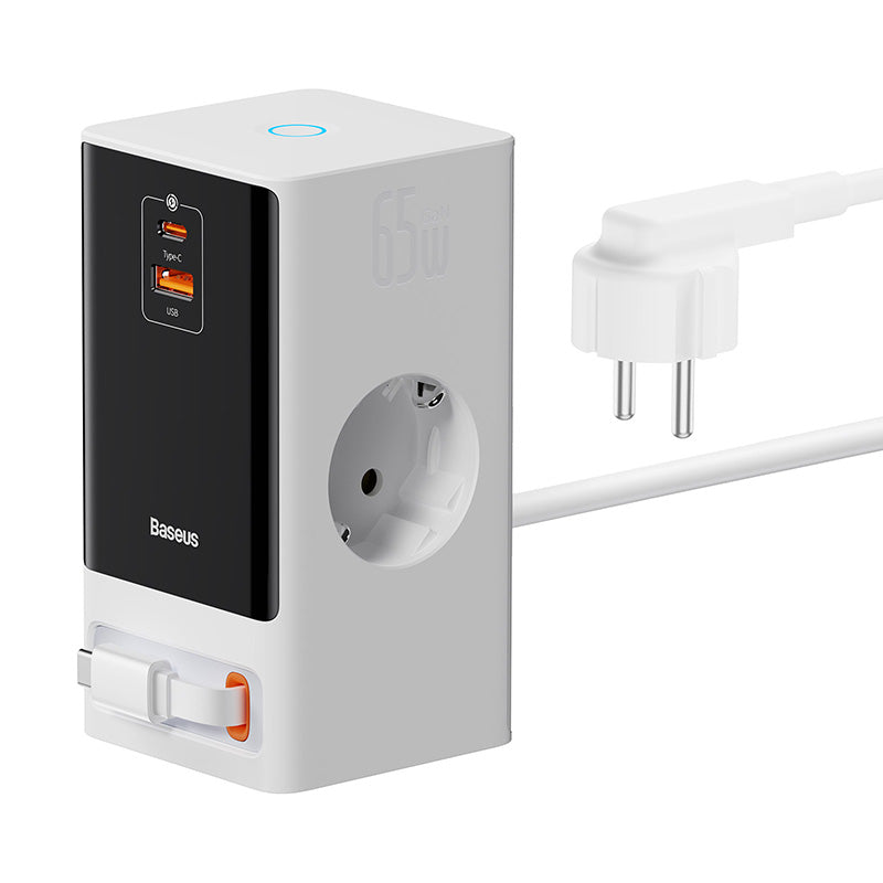 شريط طاقة رقمي Baseus طاقة Combo 2AC و1U و1C، قابل للسحب-C 65، وات، 1.5 متر، أبيض