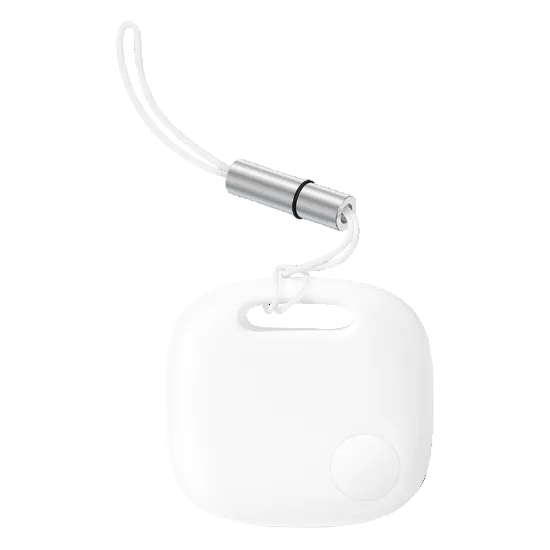 A white Baseus Pro Smart Device Tracker with a chain attached to it, isolated on a white background.