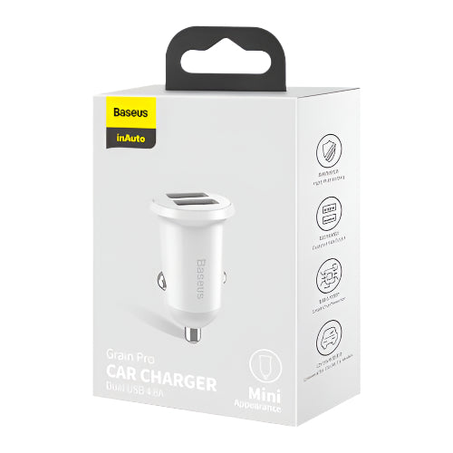 شاحن سيارة Baseus Grain Pro بمنفذين USB بتيار 4.8 أمبير - أبيض