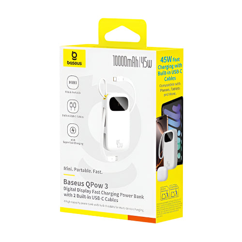 Baseus Energy Fill FC31 Digital Display Power Bank, 2Built in USB-C Cables, 10000Mah, Moon White