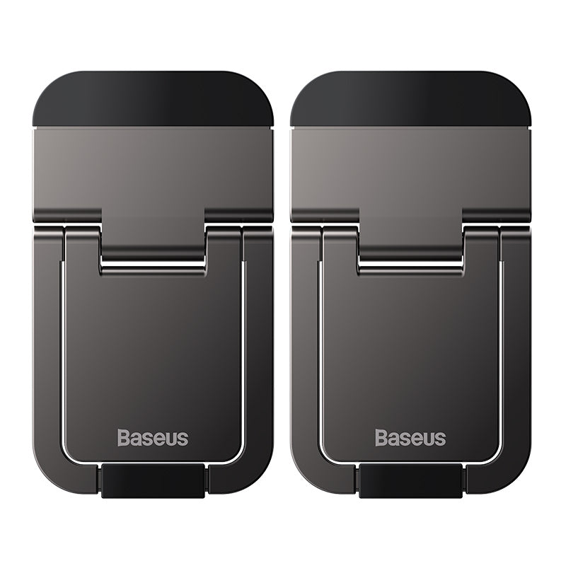 Two grey Baseus Slim Laptop Kickstands attached to a laptop, showing the stand's mechanism and the brand's logo.