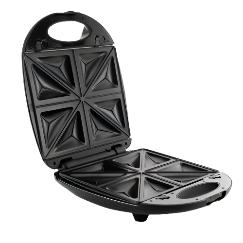 Black sandwich maker with geometric grid design on a white background