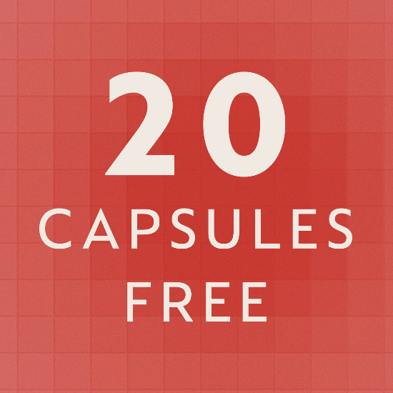 Nespresso coffee machine and capsule on a red grid background with '20 Capsules Free' text.
