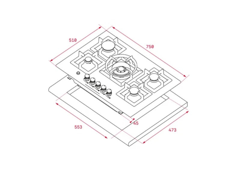 Teka Gas Hob, 5Gas Burner Flush Installation, 70Cm, Cast Iron