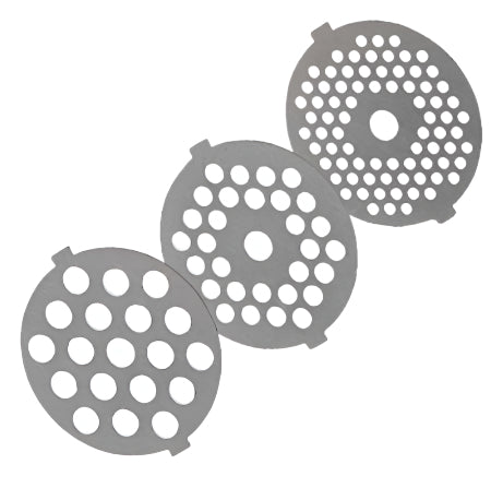 Three metallic grinder plates with perforated designs on a white background