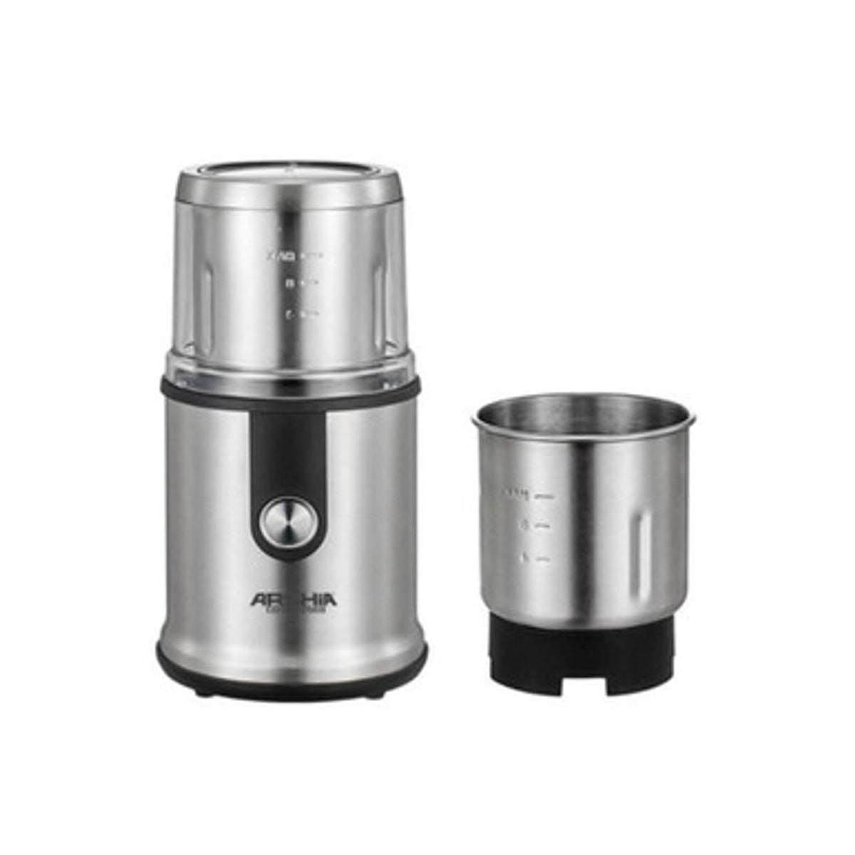 Stainless steel coffee grinder with detachable container on a white background